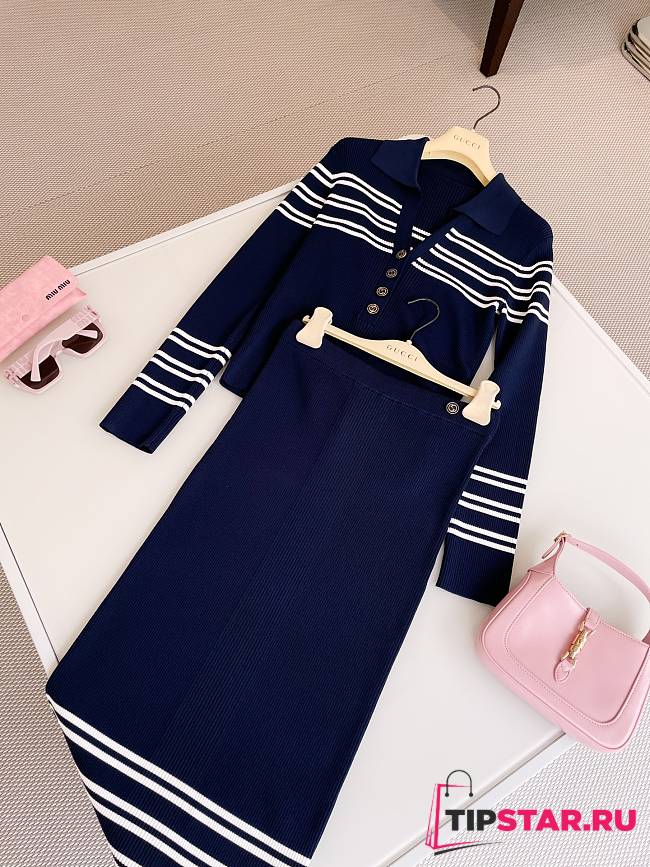 Gucci Navy Blue Striped Knit Top Skirt Set  - 1