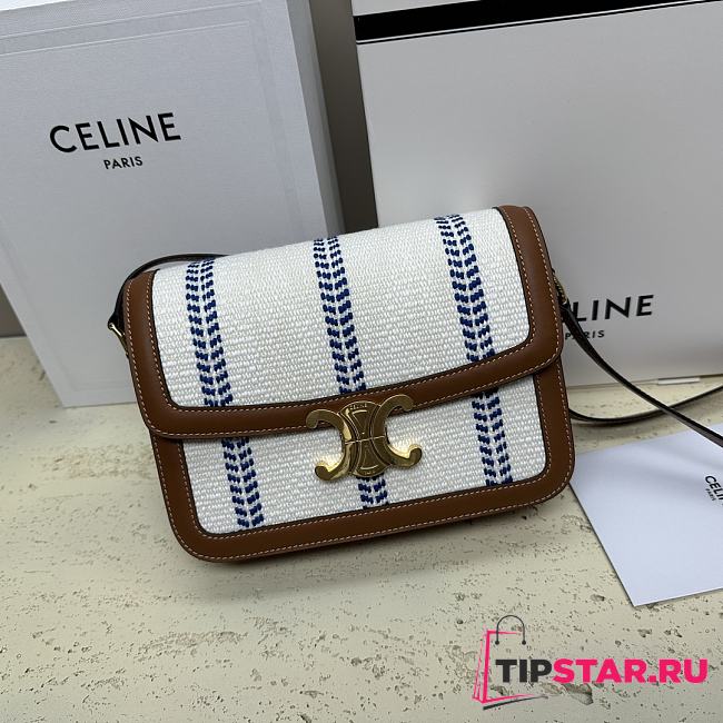 Celine Medium Striped Fabric and Calfskin Shoulder Bag 22 x 16.5 x 7 cm - 1