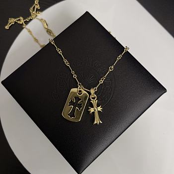 Gold-plated polished cross and square plate necklace