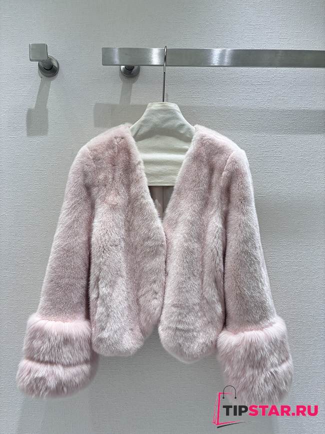 V-neck collar splicing fox fur mink pink jacket  - 1