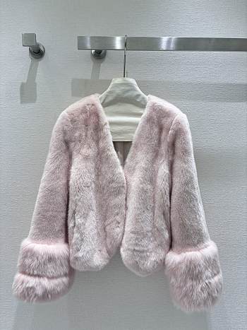 V-neck collar splicing fox fur mink pink jacket 