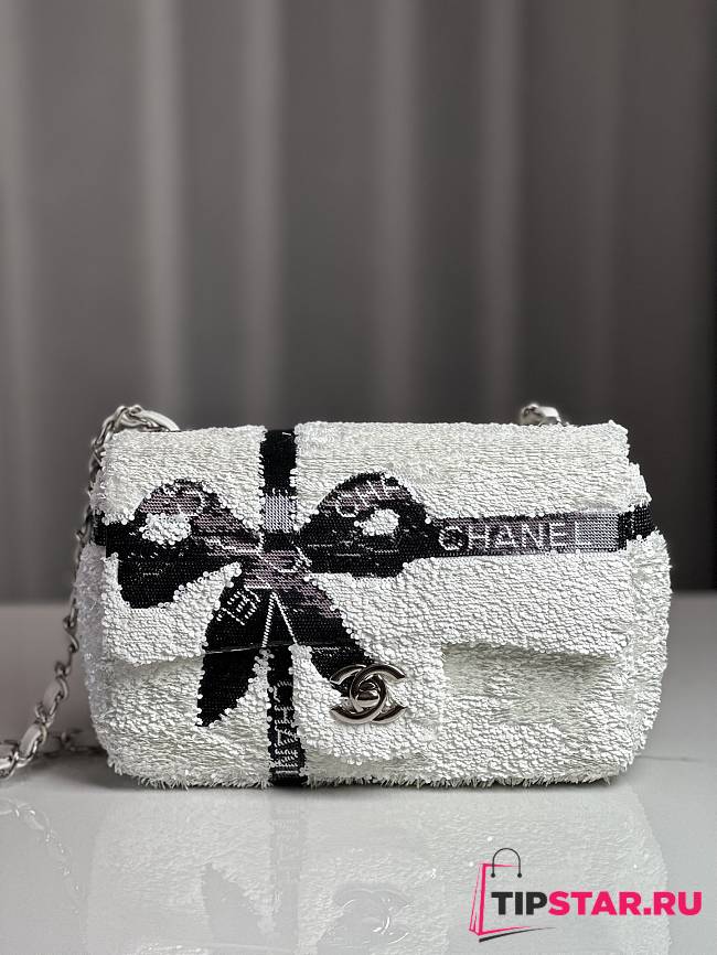 CHANEL SEQUINS RIBBON WHITE FLAP BAG 21CM - 1