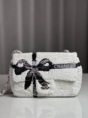 CHANEL SEQUINS RIBBON WHITE FLAP BAG 21CM