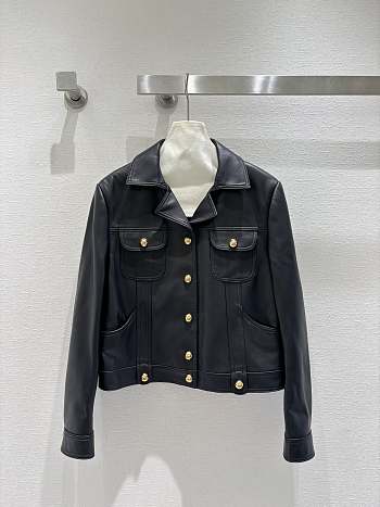 Lapel pocket leather jacket with gold single-breasted buttons