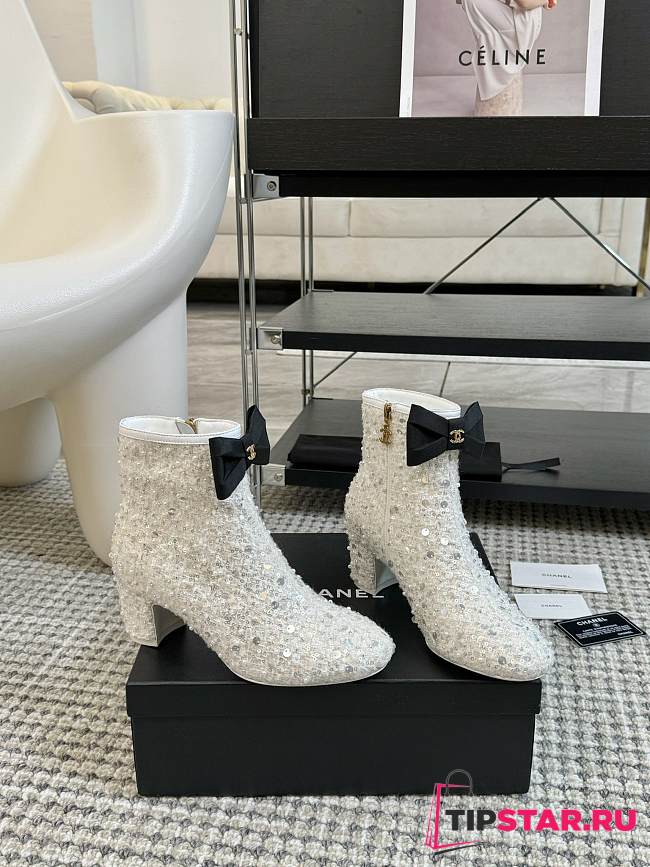 Chanel 24B Sequined Beaded Bow White Booties - 1