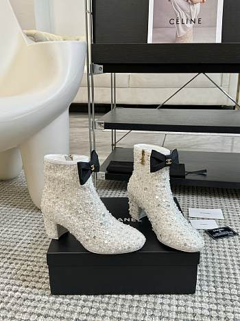 Chanel 24B Sequined Beaded Bow White Booties