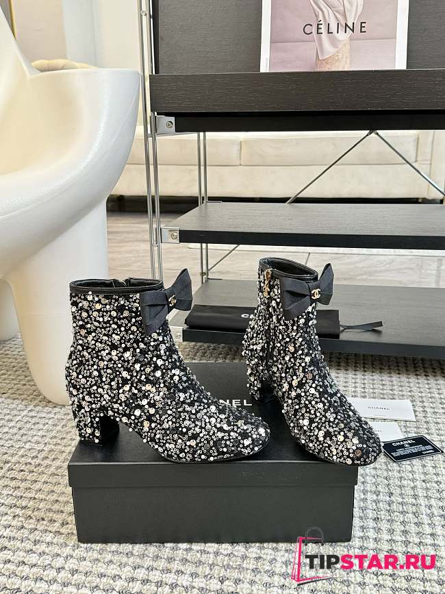 Chanel 24B Sequined Beaded Bow Black Booties - 1