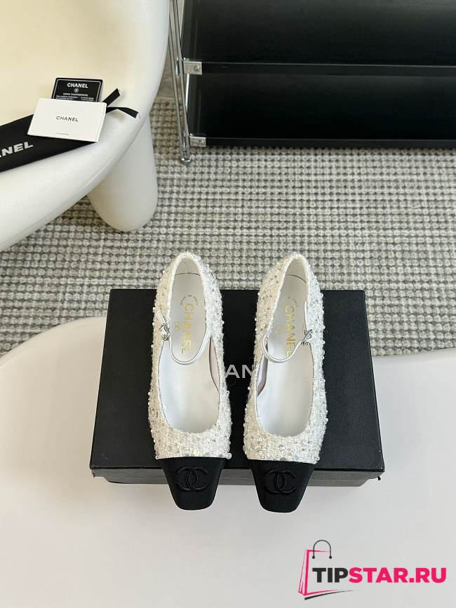 Chanel Sequined Beaded Bow White Shoes - 1