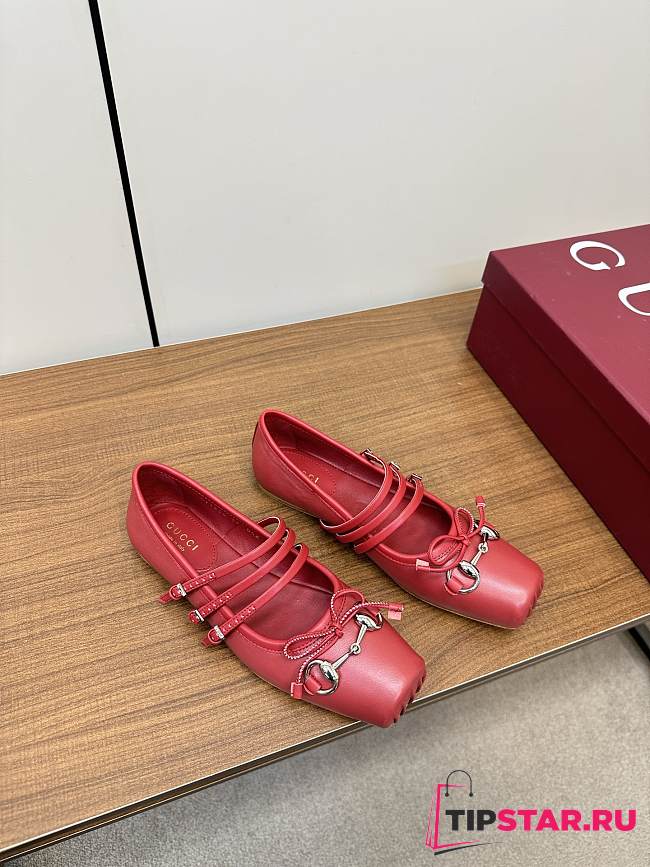 Gucci 24 Mary Jane Bow Square Toe Ballet Flats Red - 1