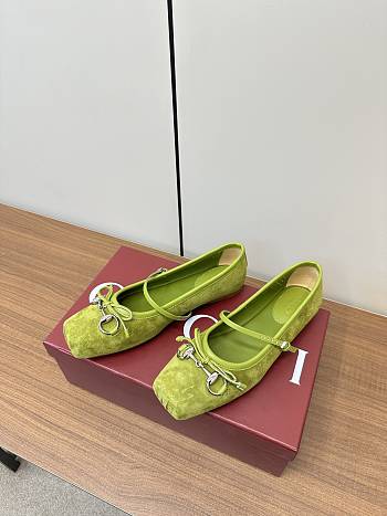 Gucci 24 Mary Jane Bow Square Toe Ballet Flats Light Green