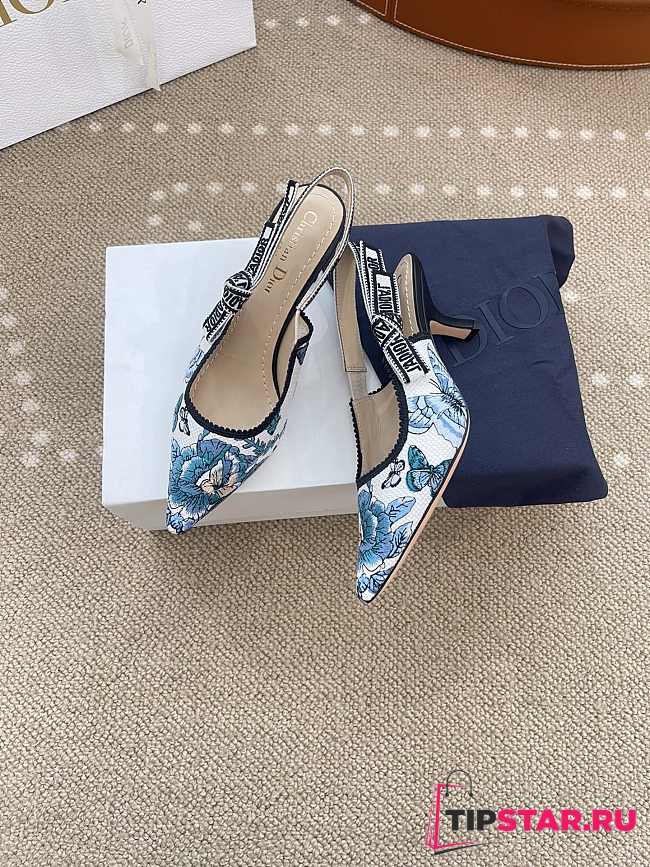 Dior J'Adior Embroidered Lace Slingback Kitten Blue Heels - 1