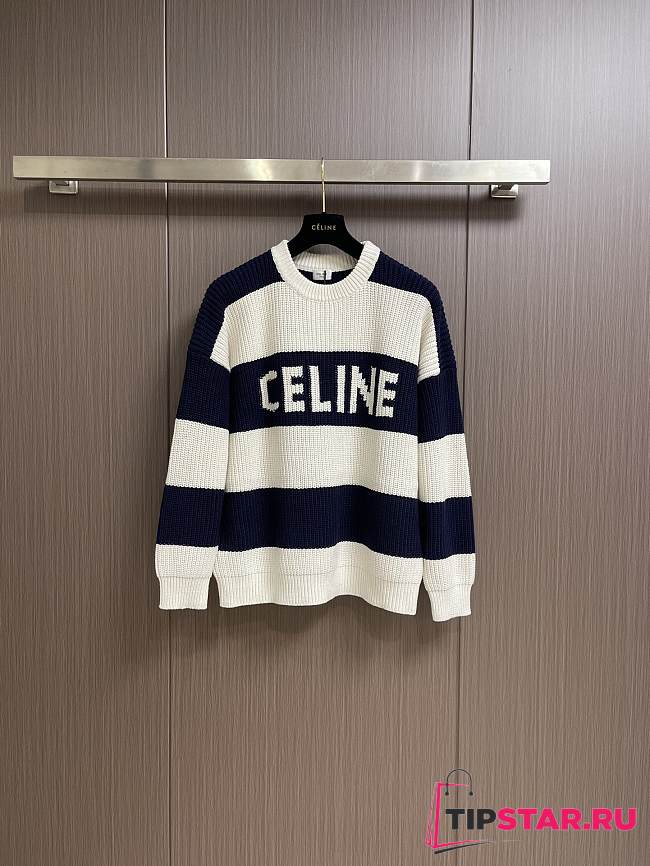 Celine Striped Knitted Dark Blue and White Sweater - 1