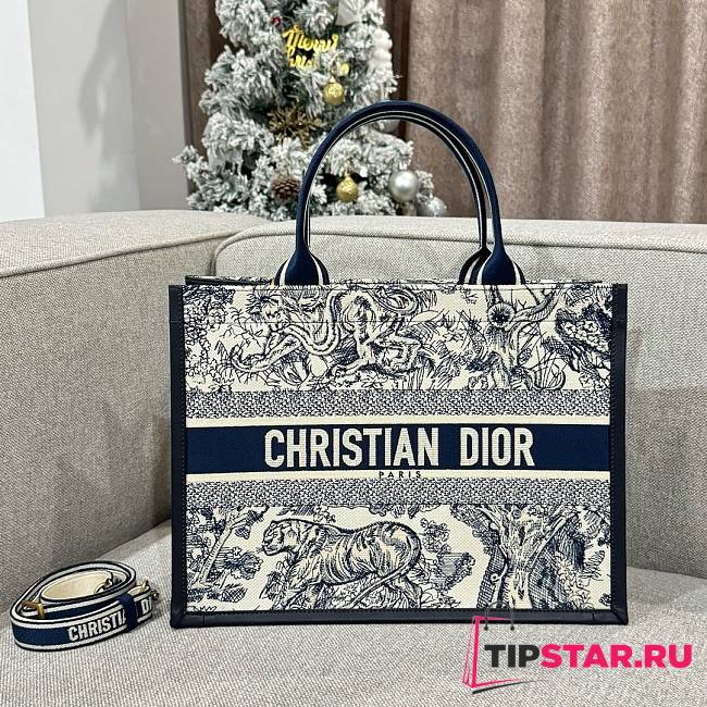 Dior Blue Tiger Leather Tote Bag 36cm - 1