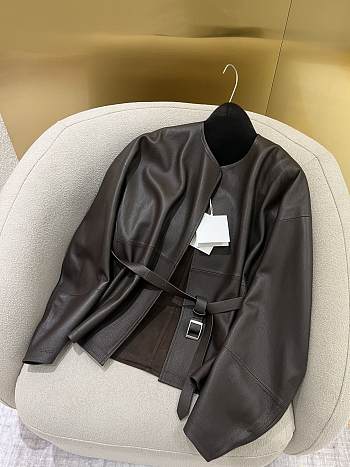 The Row round neck sickle sleeve design leather brown jacket 