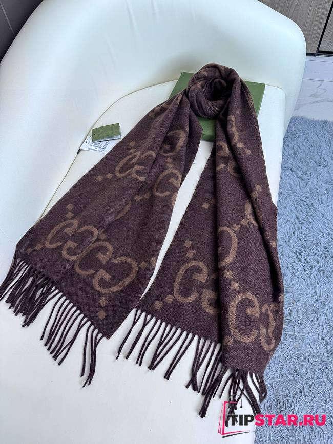 Gucci Big G tassel jacquard tassel brown scarf  - 1