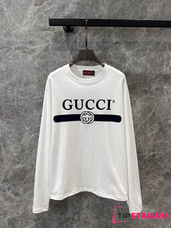 Gucci Letter Print Round Navy Neck Long-sleeved T-shirt - 1