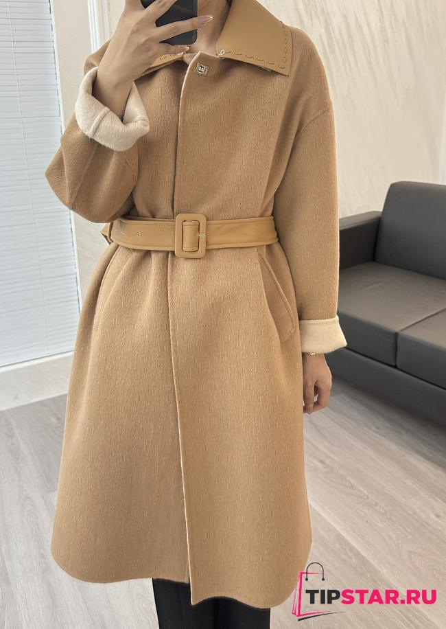 Fendi Cashmere Coat Leather Brown Collar and Belt - 1