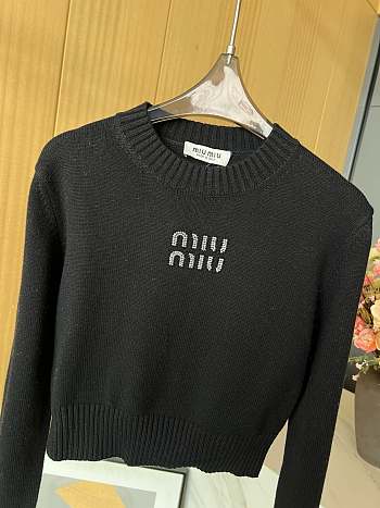 Miu Miu rhinestone letter cashmere short black knitted pullover