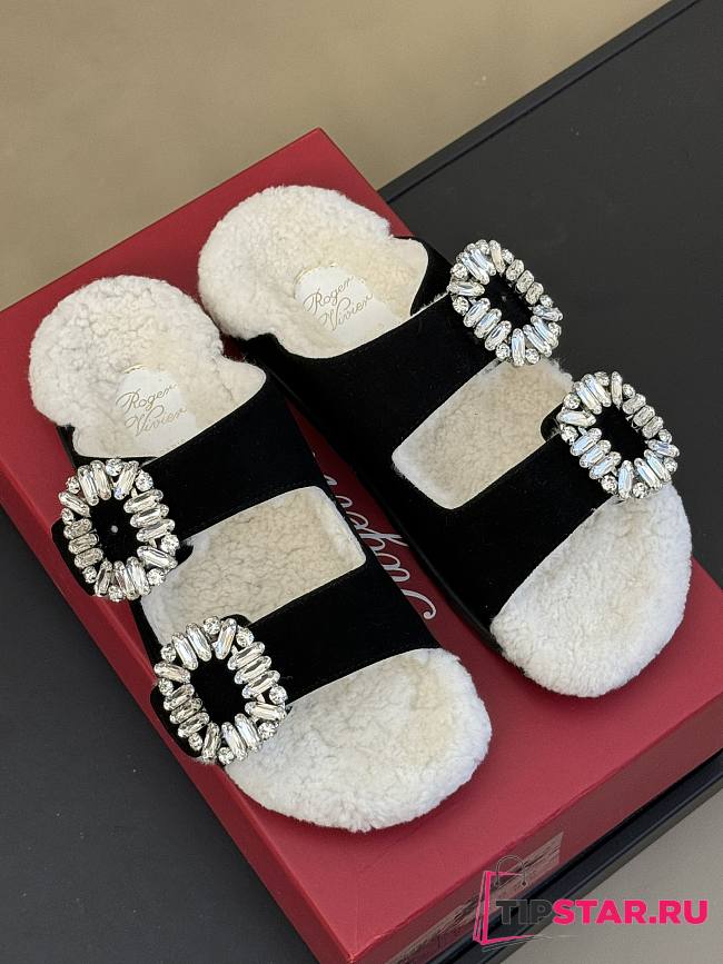 Roger Vivier Diamond Buckle Wool Black Slippers  - 1