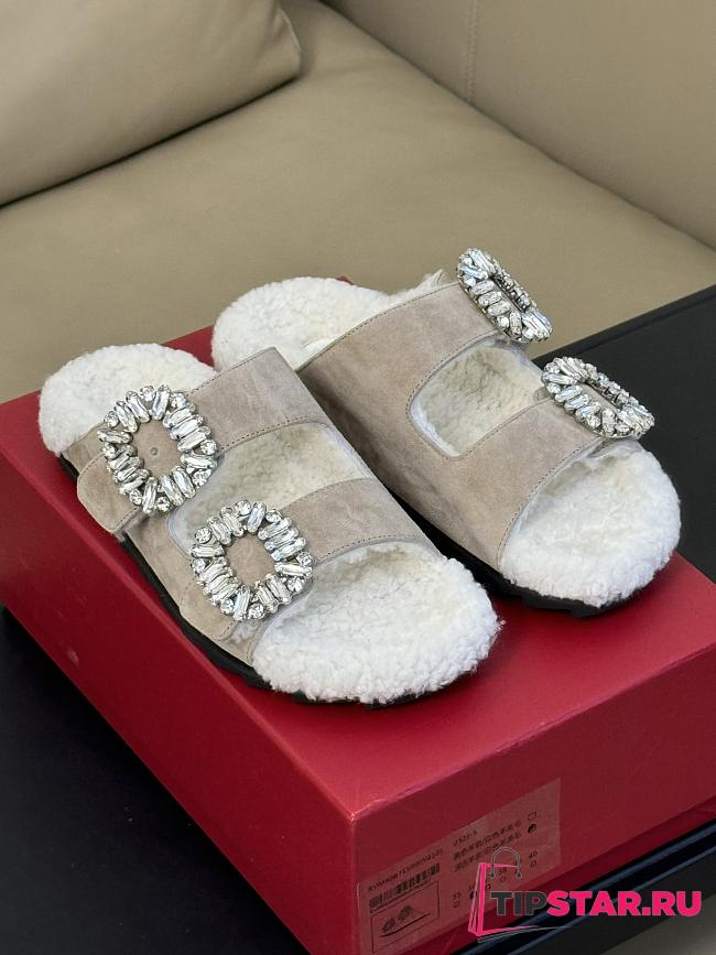 Roger Vivier Diamond Buckle Wool Beige Slippers  - 1