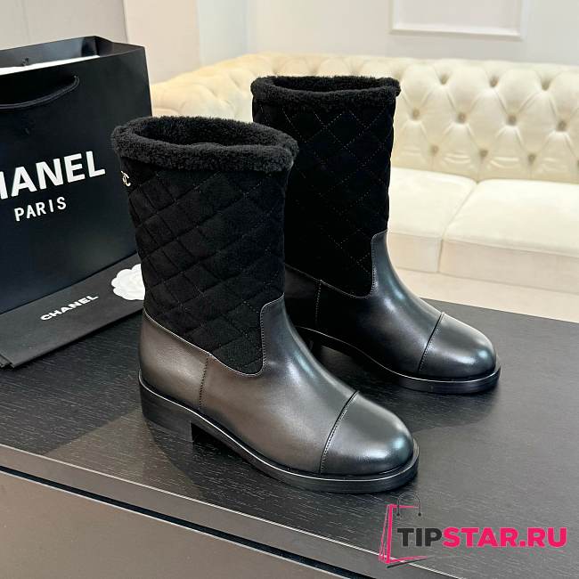 Chanel Xiaoxiang splicing thick heel short black boots heel height 5.5cm - 1