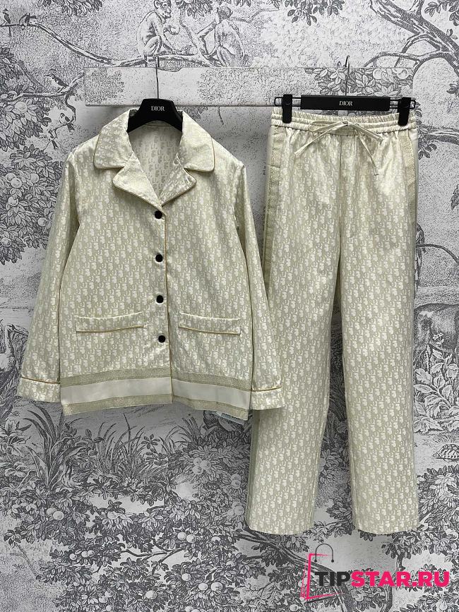 Set Dior Pijama classic monogram logo gold jacquard suit long shirt + wide-leg pants  - 1