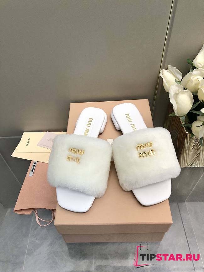 MiuMiu Flat Wool White Slippers - 1