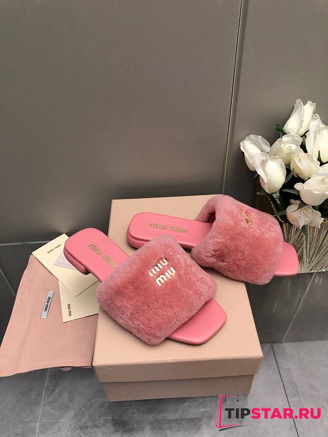 MiuMiu Flat Wool Pink Slippers - 1