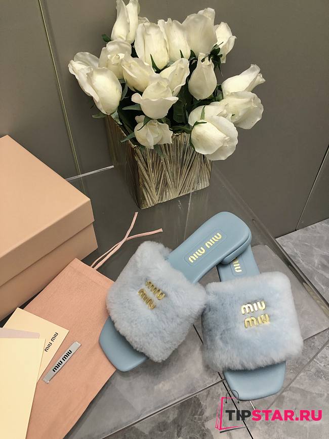 MiuMiu Flat Wool Blue Slippers - 1