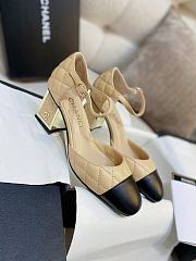 Coco Chanel lambskin quilted Mary Jane gold-rimmed beige high heels 6cm - 4