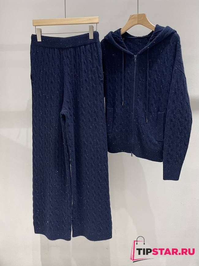 BC sequined cashmere suit hoodie straight wide-leg pants dark blue - 1