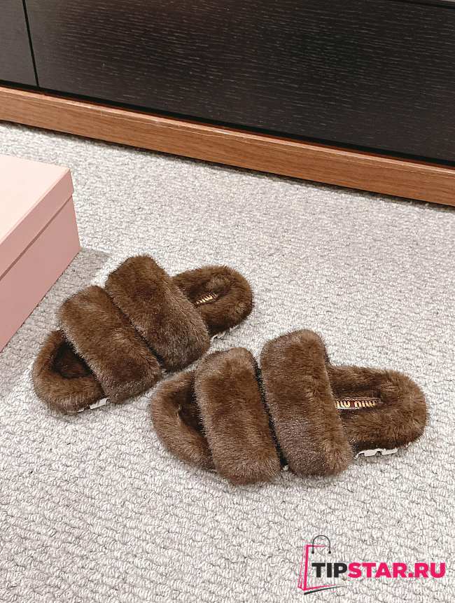 Miu 2102424 autumn and winter new wool brown slippers - 1