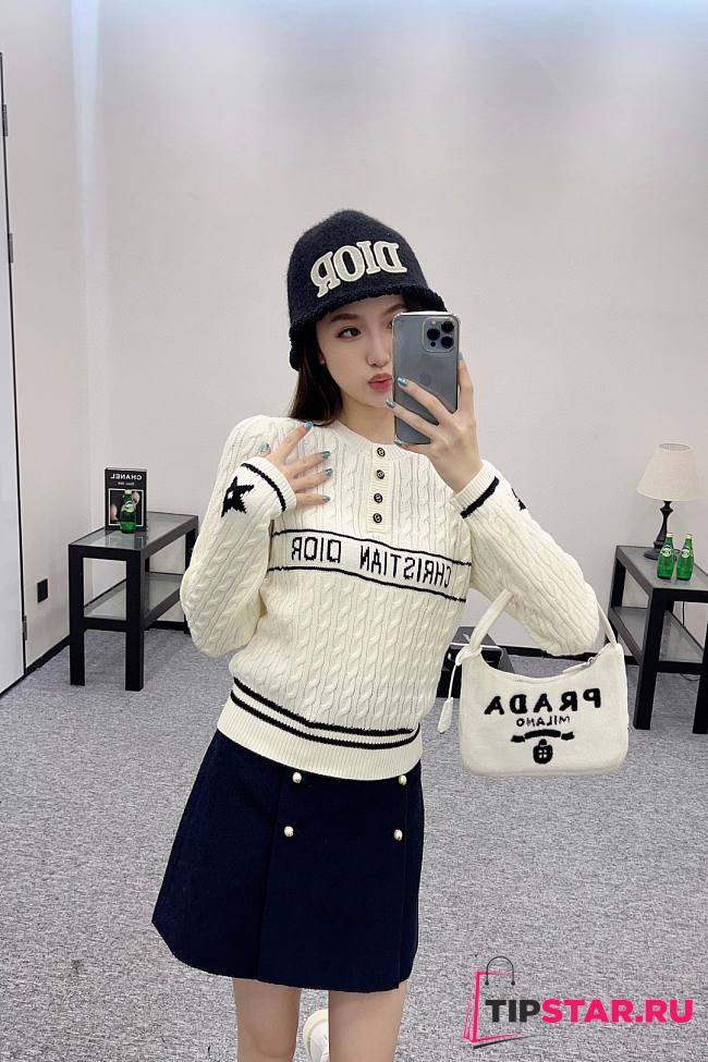 Dior Crew Neck Cable Knit White Sweater  - 1