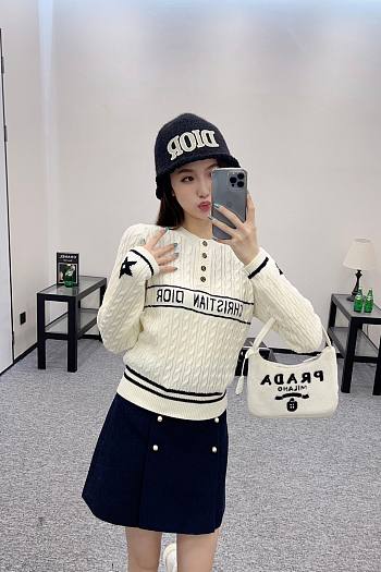 Dior Crew Neck Cable Knit White Sweater 