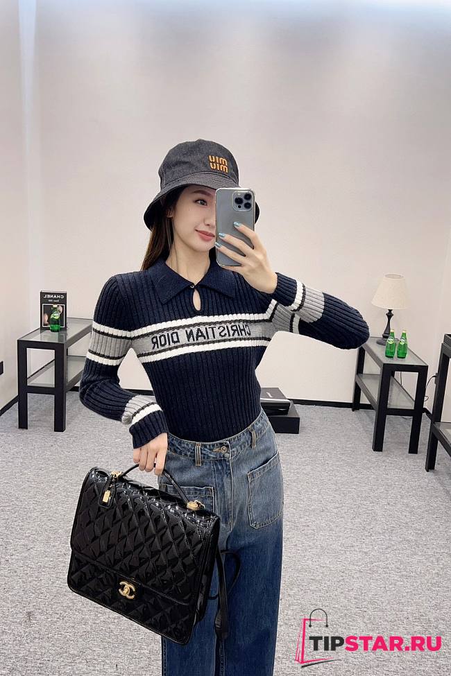 Dior Lapel striped knitted long sleeves blue  - 1