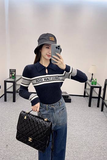 Dior Lapel striped knitted long sleeves blue 