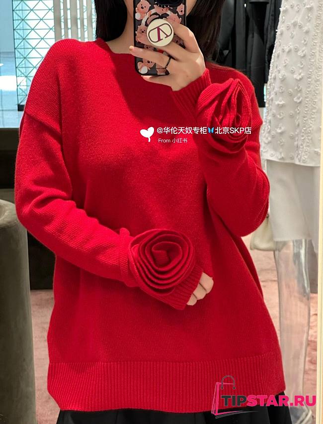 Van Red Rose Sleeve Knitted Pullover Sweater - 1