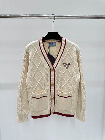 Prada Contrast diamond check pattern cable knitted v-neck cardigan