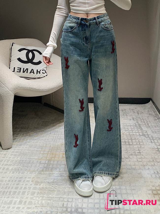 YSL letter towel embroidered washed denim trousers - 1