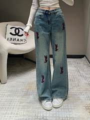 YSL letter towel embroidered washed denim trousers - 1