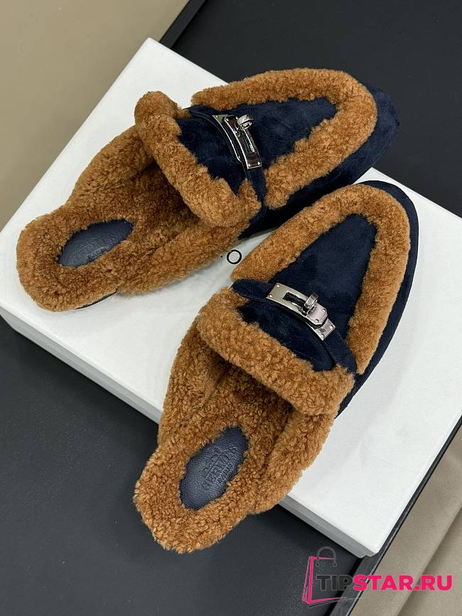 Hermes kelly brown fur dark blue half-slippers - 1