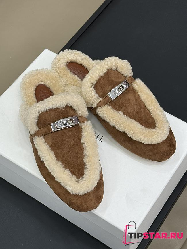 Hermes kelly brown fur half-slippers - 1