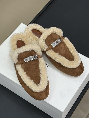 Hermes kelly brown fur half-slippers