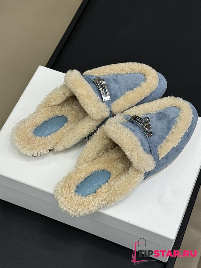 Hermes kelly light blue fur half-slippers - 1