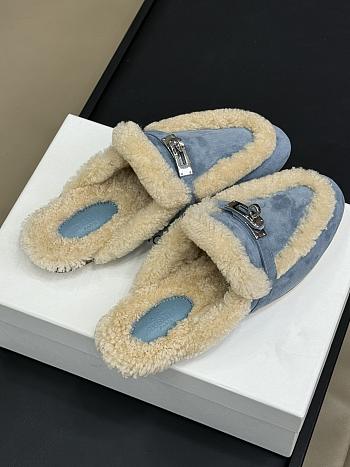 Hermes kelly light blue fur half-slippers