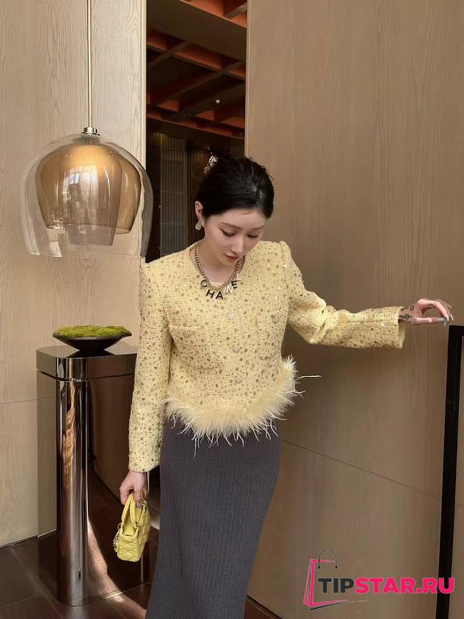 Chanel style woven tweed yellow jacket - 1