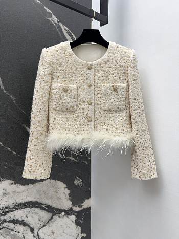 Chanel style woven tweed white jacket