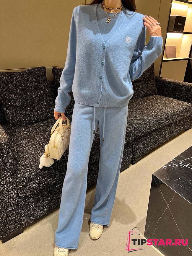 Set simple knitted sweater + high waist trousers two-piece blue suit - 1