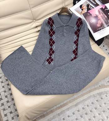 Set grey Polo lapel top + high waist trousers two-piece suit