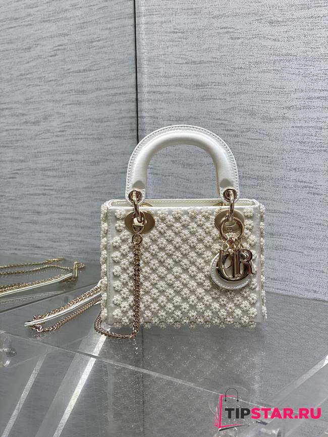 Dior Mini Lady Dior Bag White Satin Embroidered with Resin Pearls - 1